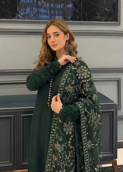 3 Piece Chiffon Maxi Dress - Dark Green