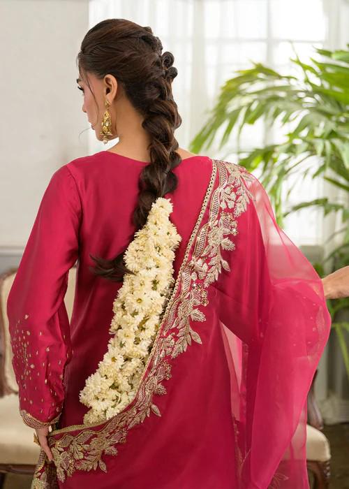 3 Piece Embroidered Charmeuse Silk Suit - Raspberry Pink