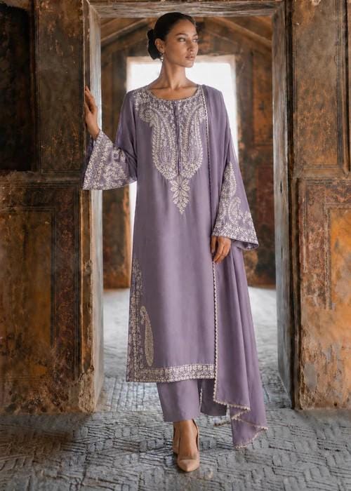3 Piece Embroidered Lawn Long Kurta and Pants Suit - Lilac