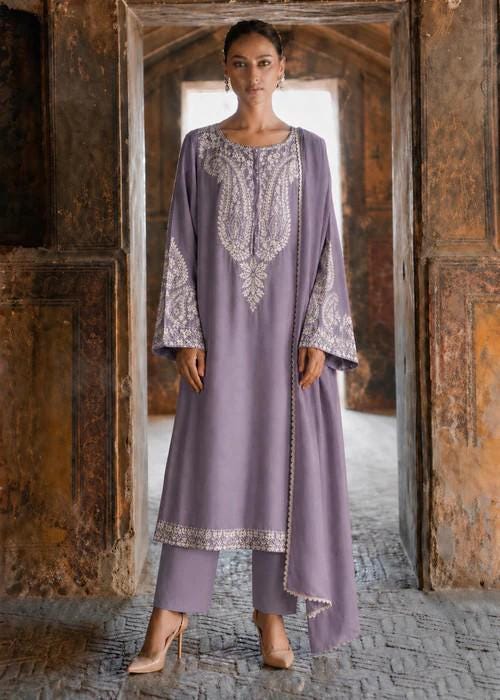 3 Piece Embroidered Lawn Long Kurta and Pants Suit - Lilac