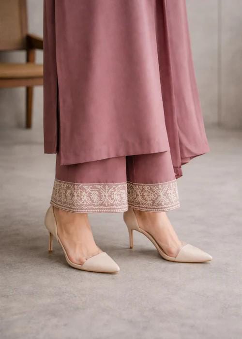 3 Piece Embroidered Lawn Long Kurta and Pants Suit - Mauve Pink