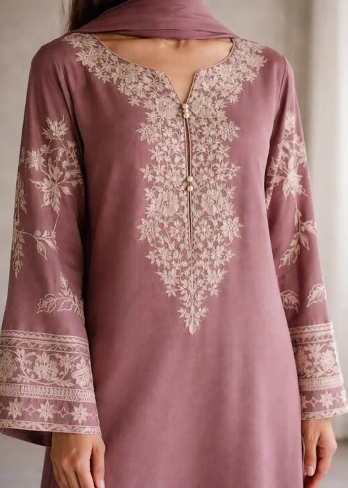 3 Piece Embroidered Lawn Long Kurta and Pants Suit - Mauve Pink