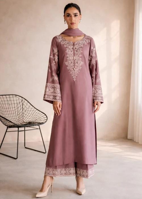3 Piece Embroidered Lawn Long Kurta and Pants Suit - Mauve Pink