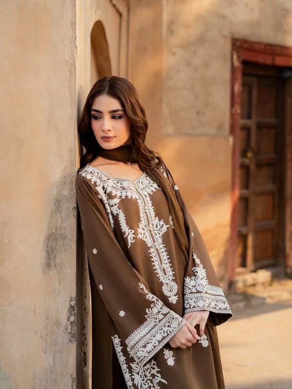2 Piece Embroidered Summer Linen Long Kurta and Pants - Camel Brown
