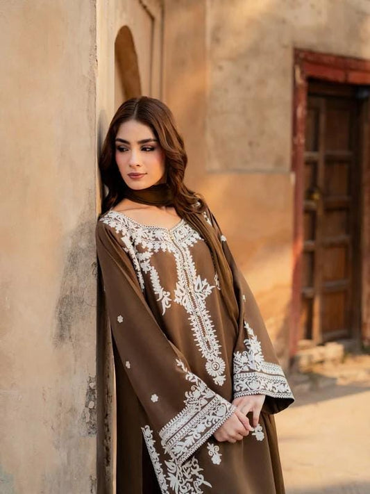 2 Piece Embroidered Summer Linen Long Kurta and Pants - Camel Brown