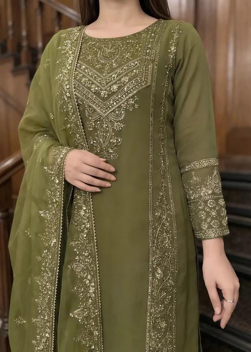 Embroidered Chiffon Sharara - Olive Green