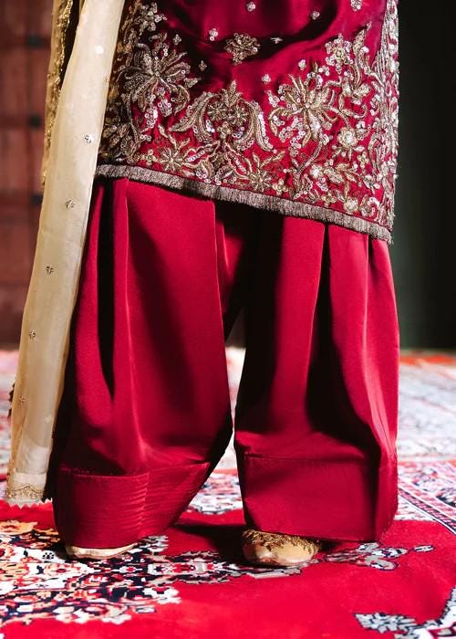 3 Piece Embroidered Charmeuse Silk Suit - Crimson