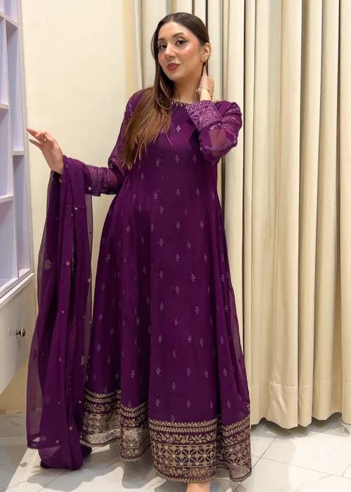 3 Piece Embroidered Chiffon Dress - Plum Color