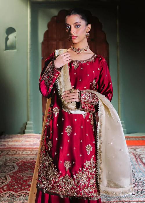 3 Piece Embroidered Charmeuse Silk Suit - Crimson