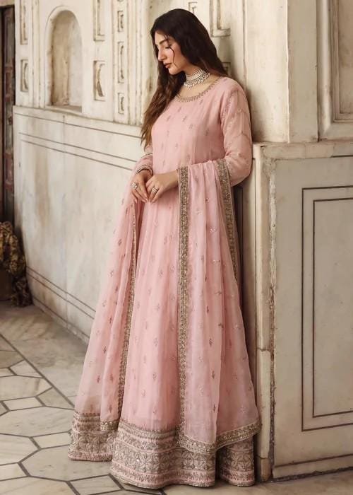 Embroidered Chiffon Maxi Suit - 3 Piece - Pink