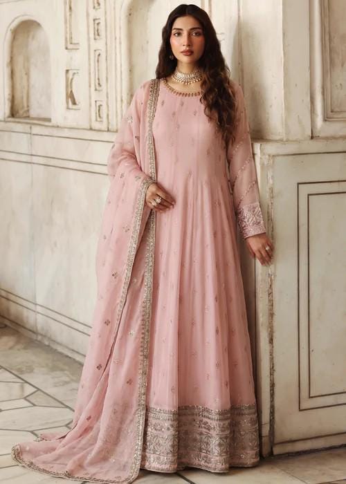 Embroidered Chiffon Maxi Suit - 3 Piece - Pink