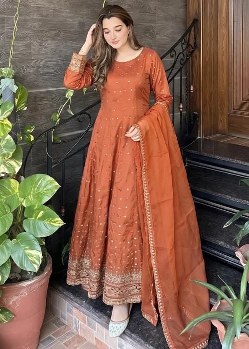 Embroidered Silk Pishwas Suit - 3 Piece - Chiffon Dupatta - Rust Orange