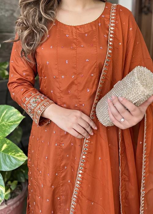 Embroidered Silk Pishwas Suit - 3 Piece - Chiffon Dupatta - Rust Orange