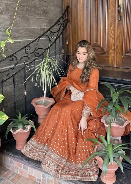 Embroidered Silk Pishwas Suit - 3 Piece - Chiffon Dupatta - Rust Orange