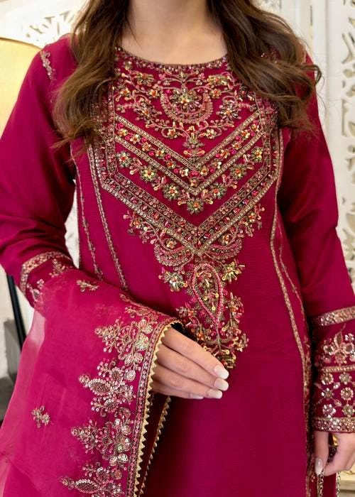 Embroidered Chiffon Sharara - Magenta