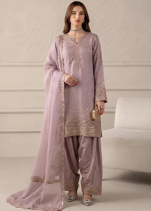 Embroidered Silk Farshi Shalwar Suit with Organza Dupatta - 3 Piece - Lilac