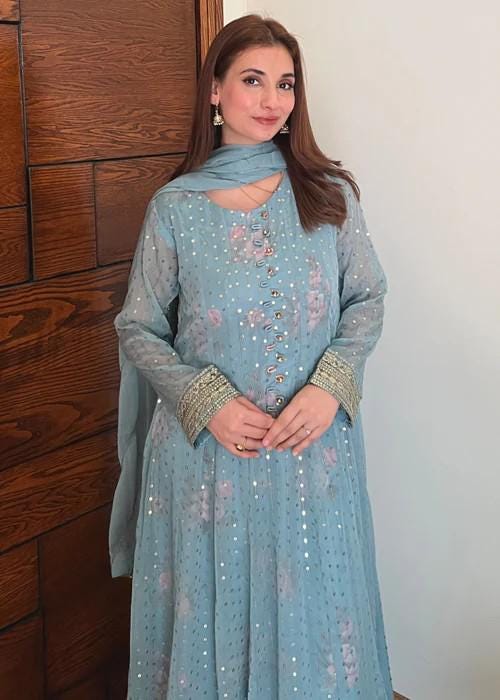 Embroidered Chiffon Pishwas Maxi Suit - Ice Blue