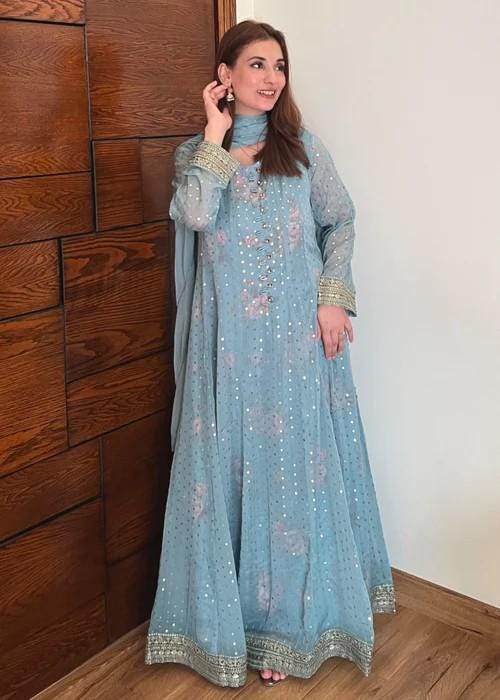 Embroidered Chiffon Pishwas Maxi Suit - Ice Blue