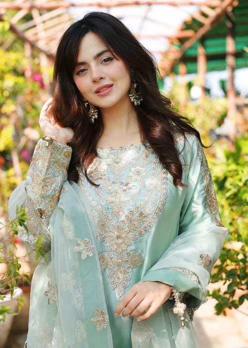 3 Piece Embroidered Charmeuse Silk Suit - Tea Green
