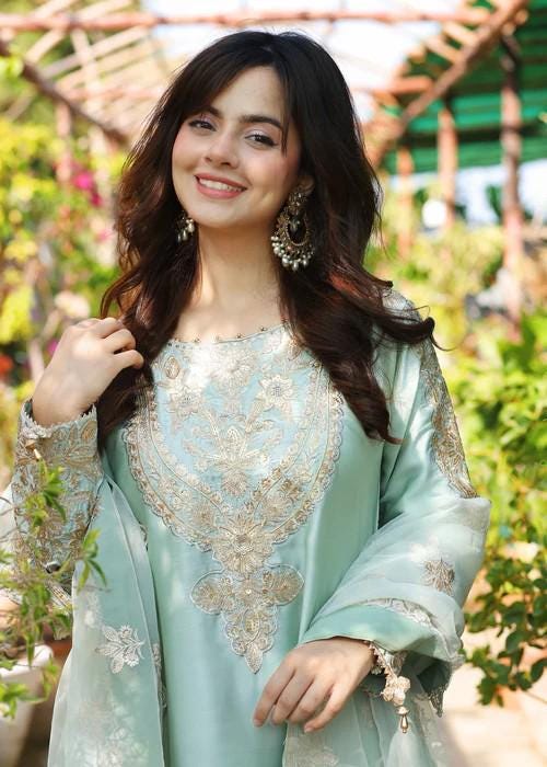 3 Piece Embroidered Charmeuse Silk Suit - Tea Green