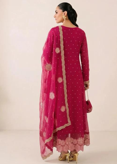 4 Piece Embroidered Chiffon Pishwas Suit with Potli Bag - Hot Pink