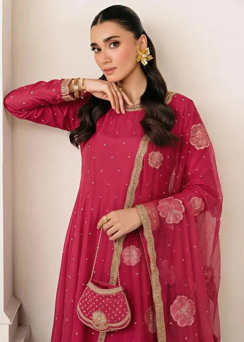 4 Piece Embroidered Chiffon Pishwas Suit with Potli Bag - Hot Pink