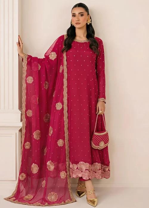 4 Piece Embroidered Chiffon Pishwas Suit with Potli Bag - Hot Pink