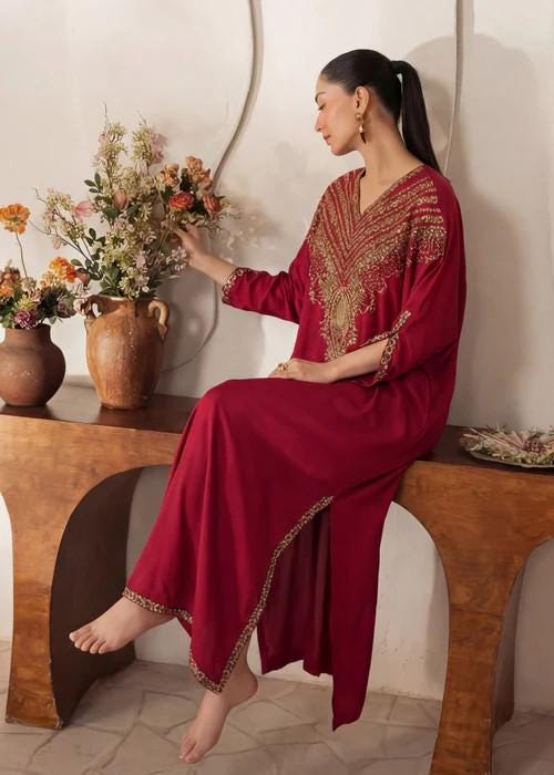 Embroidered Linen Kaftan Dress - 1 Piece