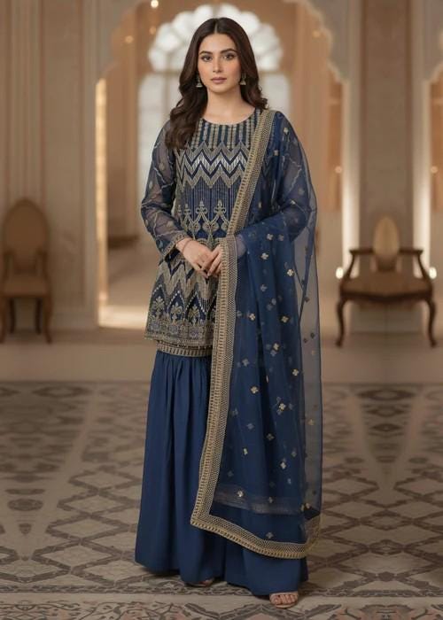 3 Piece Embroidered Gharara Suit - Blue