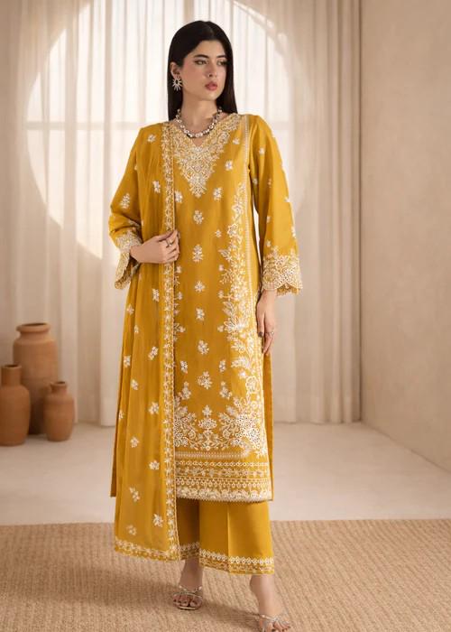 3 piece - Embroidered Summer Lawn Culottes Suit - Mustard