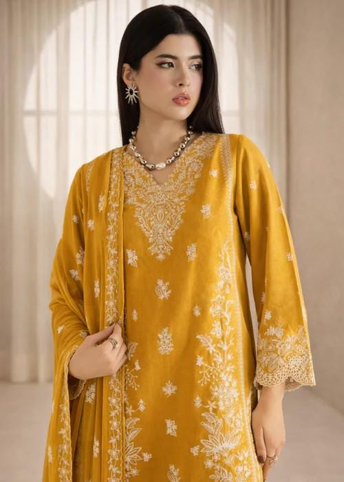 3 piece - Embroidered Summer Lawn Culottes Suit - Mustard