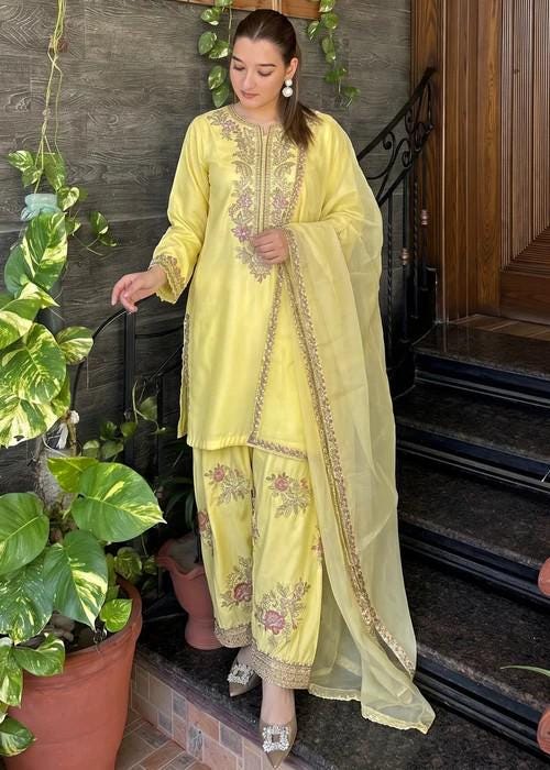 Embroidered Silk Farshi Shalwar Suit with Organza Dupatta - 3 Piece - Butter
