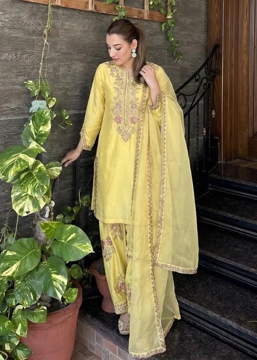 Embroidered Silk Farshi Shalwar Suit with Organza Dupatta - 3 Piece - Butter