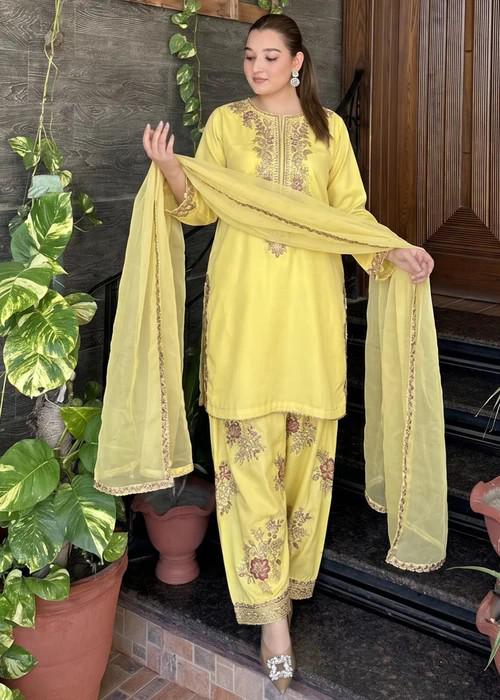 Embroidered Silk Farshi Shalwar Suit with Organza Dupatta - 3 Piece - Butter