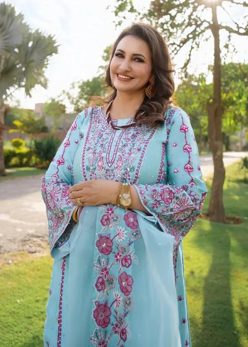 3 Piece - Embroidered Silk Farshi Shalwar Suit - Sky Blue