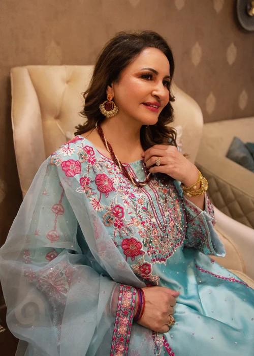 3 Piece - Embroidered Silk Farshi Shalwar Suit - Sky Blue