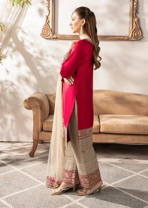 3 Piece - Embroidered Charmeuse Silk Farshi Shalwar Suit - Fuchsia
