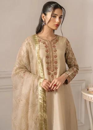 Embroidered Silk Maxi Suit - 3 Piece - Beige