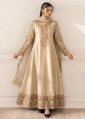 Embroidered Silk Maxi Suit - 3 Piece - Beige