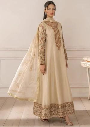 Embroidered Silk Maxi Suit - 3 Piece - Beige