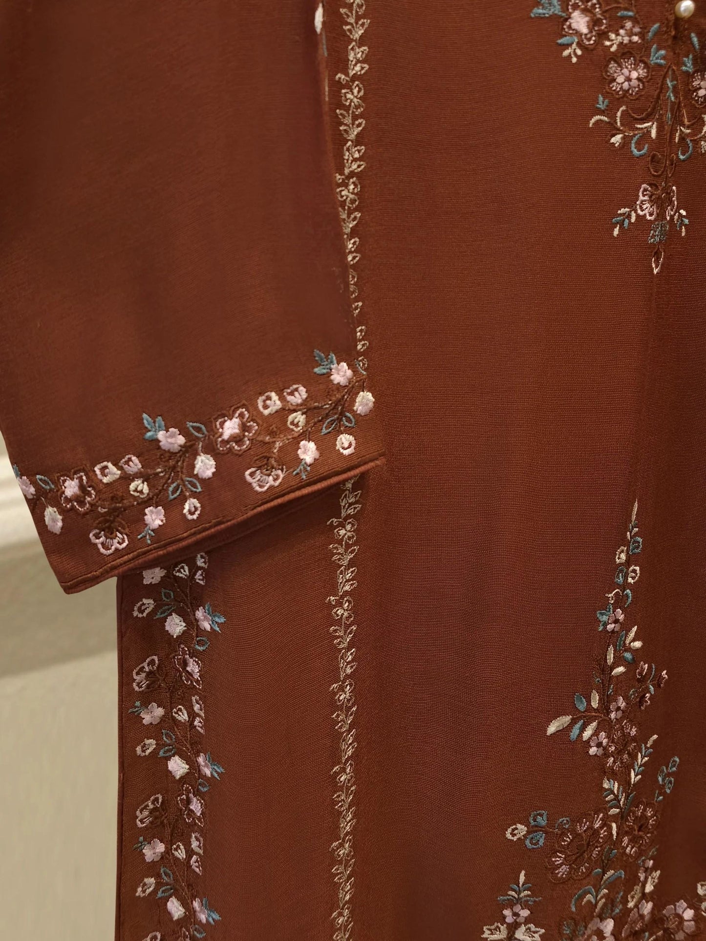 Agha Noor 3 Piece Pure Embroidered Cotton Net Suit - Brown