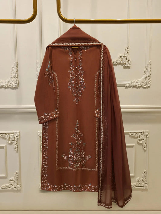 Agha Noor 3 Piece Pure Embroidered Cotton Net Suit - Brown