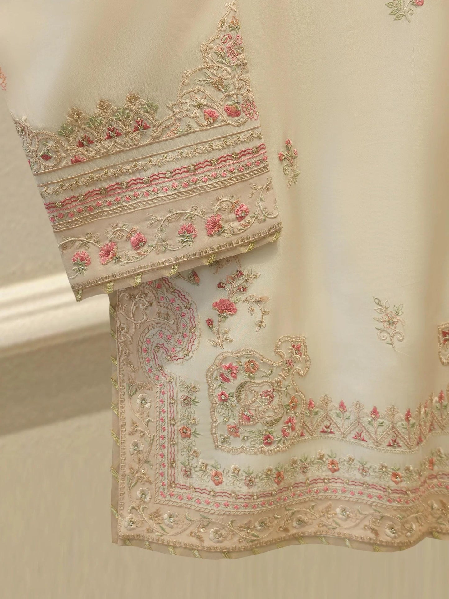 Agha Noor - 3 Piece - Pure Sheesha Silk Embroidered Suit - Off White