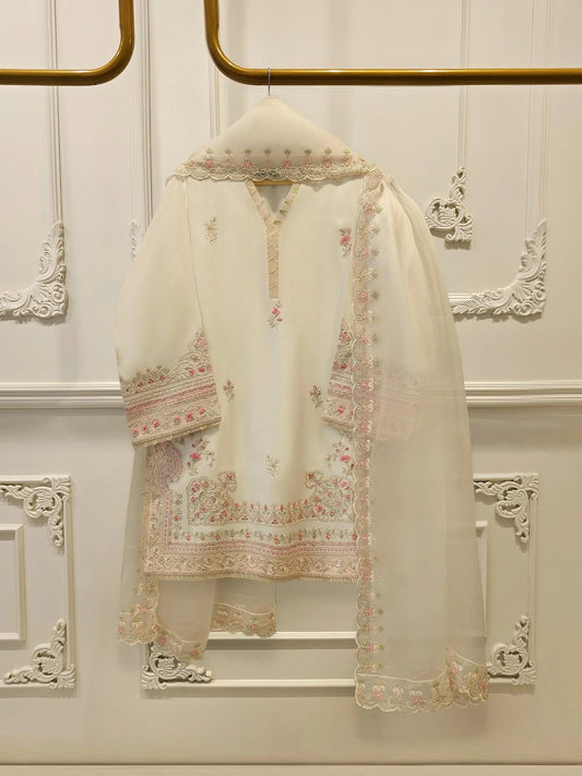 Agha Noor - 3 Piece - Pure Sheesha Silk Embroidered Suit - Off White