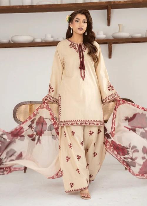 Lawn Farshi Shalwar Suit - Beige - 3 Piece - Chiffon dupatta