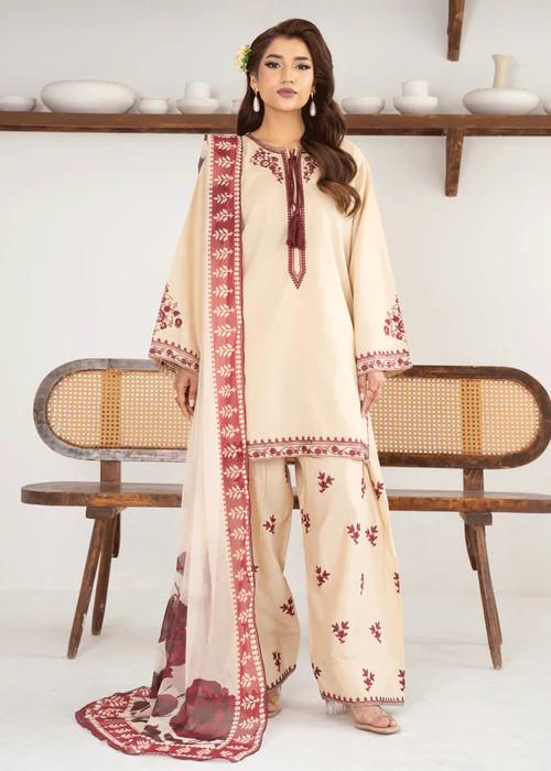 Lawn Farshi Shalwar Suit - Beige - 3 Piece - Chiffon dupatta