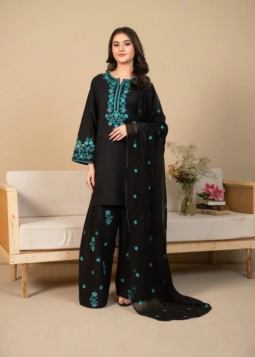 3 piece - Embroidered Farshi Shalwar Suit - Chiffon dupatta