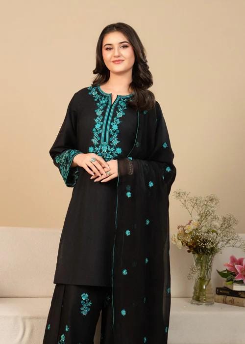3 piece - Embroidered Farshi Shalwar Suit - Chiffon dupatta