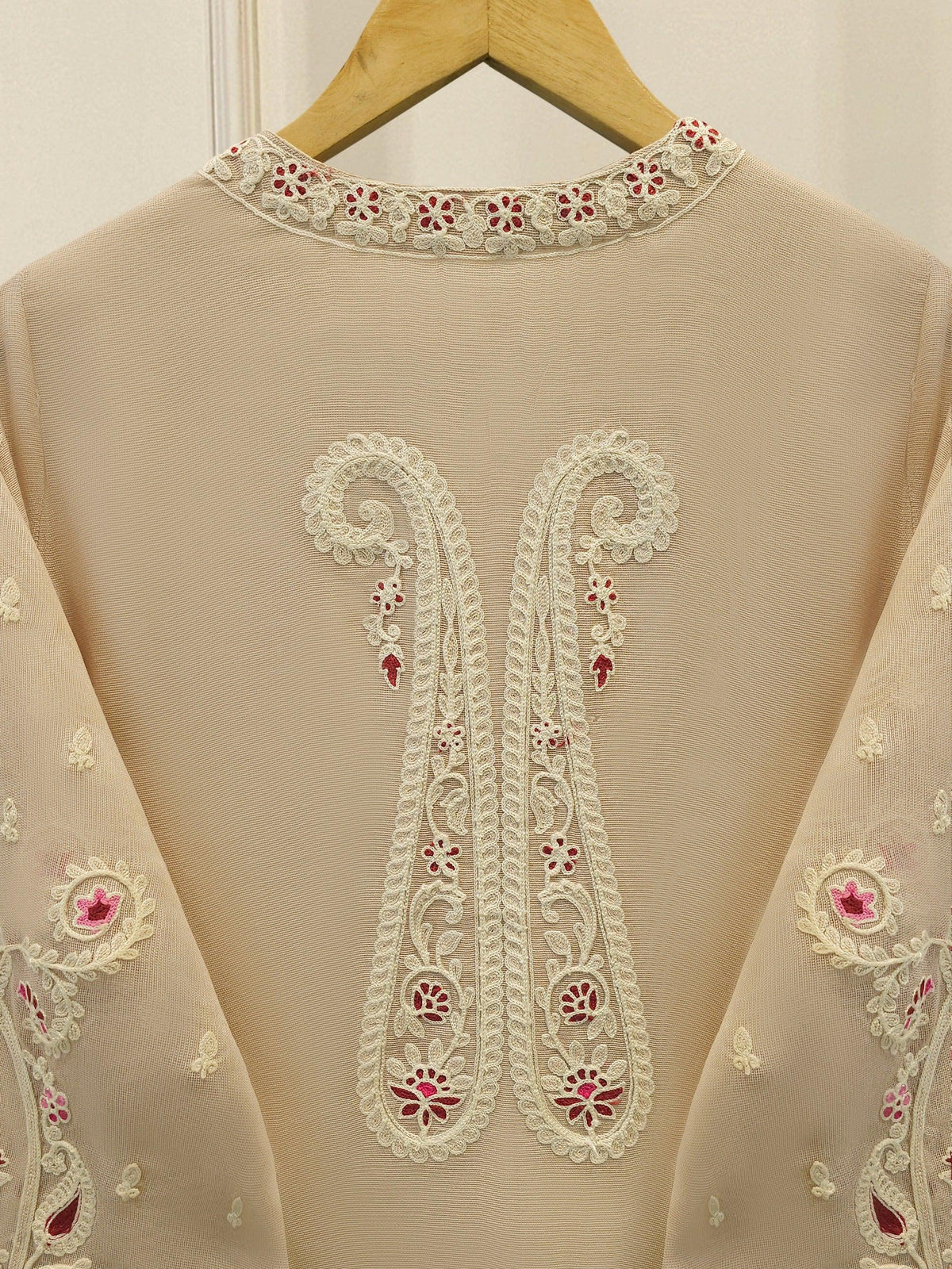 Agha Noor 3 Piece - Pure Embroidered Cotton Net Suit - Beige - Lining in the sleeves too