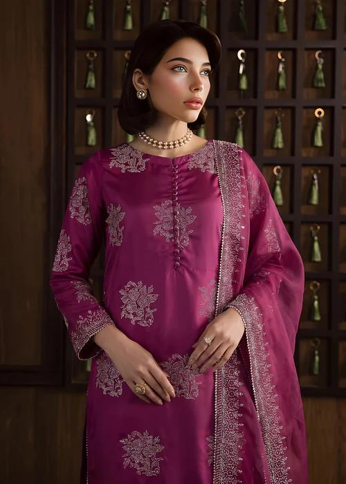 3 Piece Silk Stone Work Kurta and Culottes Set - Magenta